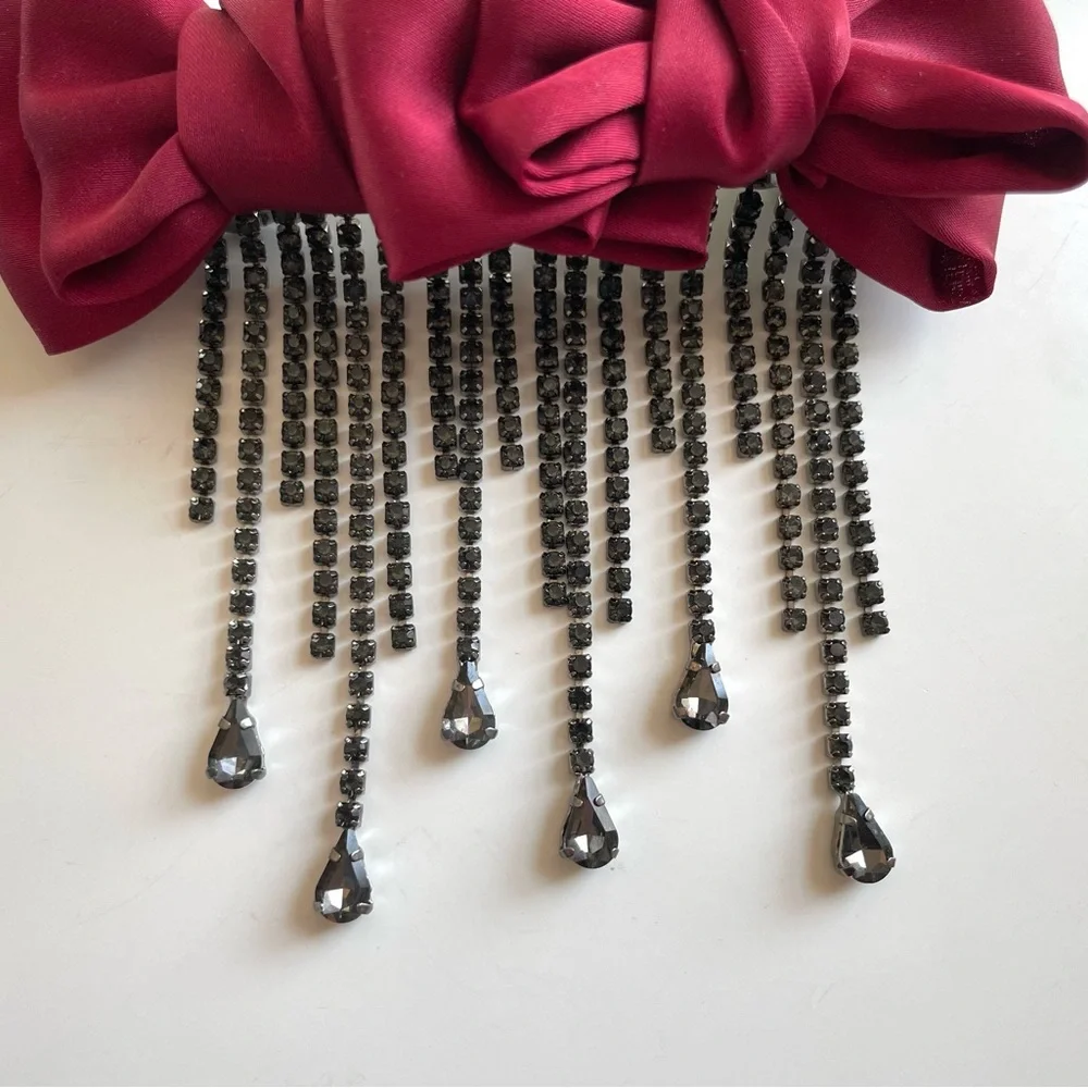 Free People NWOT Red Bow Black Rhinestone Dangle Charm Hair Clip Barrette